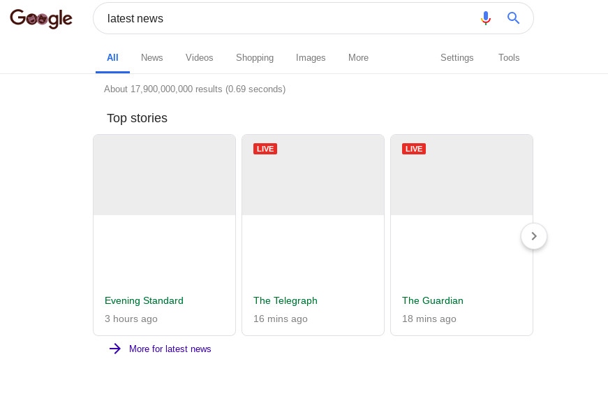 A screenshot of Google News showing blank snippets.