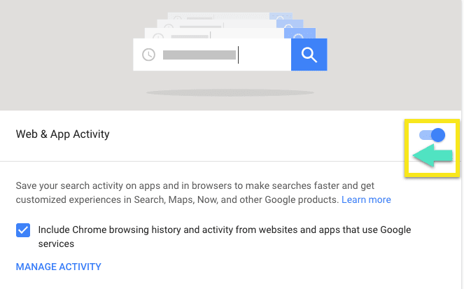 Der Google-Bildschirm Web & Aktivitäten zeigt, wie Sie den Schalter auf "pausiert" schieben.