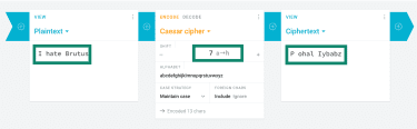 The Cryptii Caesar cipher tool transforming a plaintext into a ciphertext.