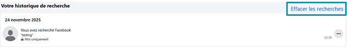 Facebook search history with Clear searches highlighted.