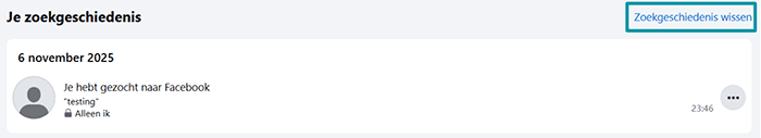 Facebook search history with Clear searches highlighted.