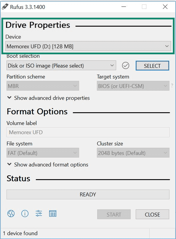 Rufus interface show boot device (USB).