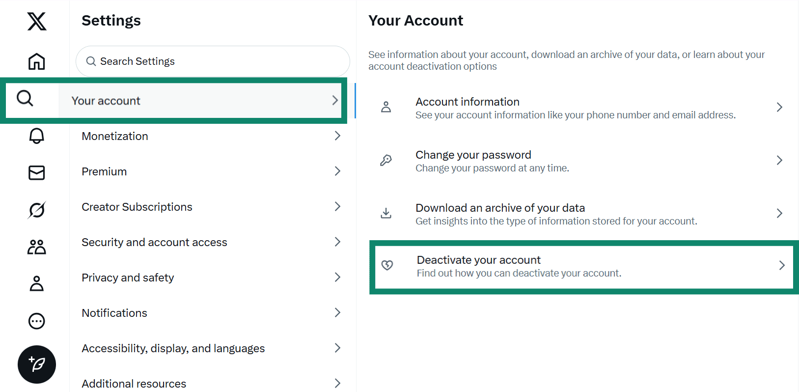 Two side-by-side screenshots of the X settings menu. Pierwszy pokazuje wybrane „Twoje konto”, a drugi podświetloną opcję „Dezaktywuj swoje konto”.