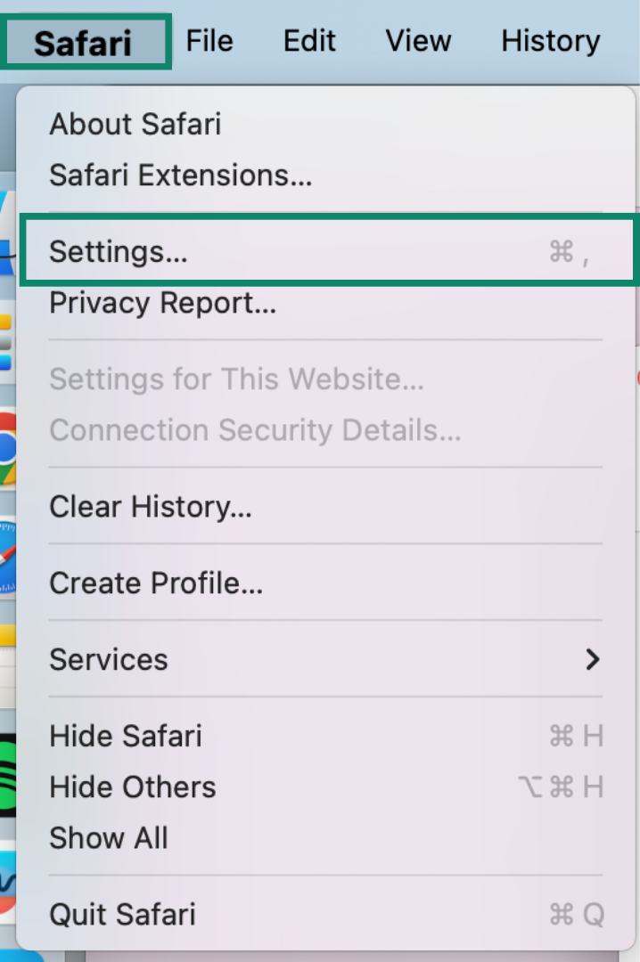 Safari menu on Mac, with the