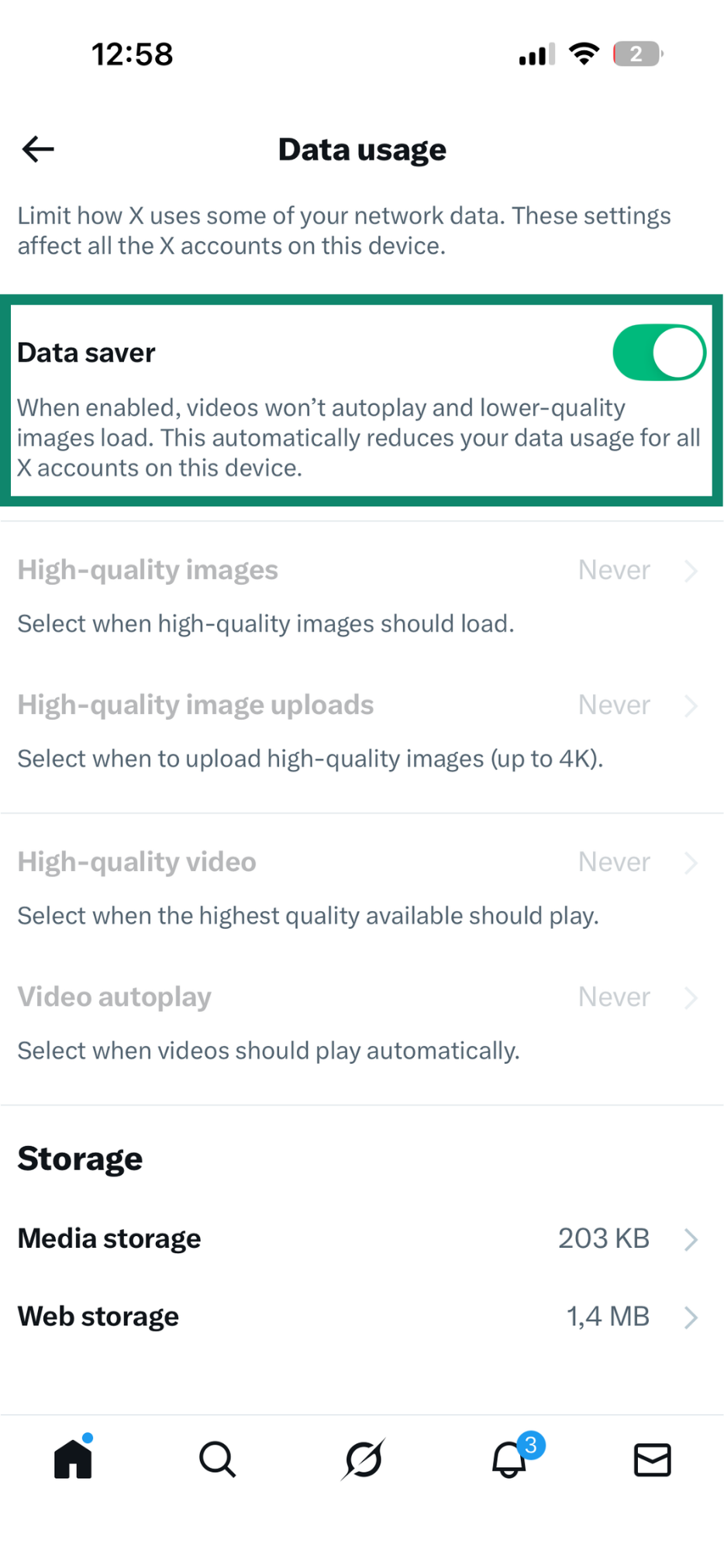 Data usage menu on Twiter, showing the