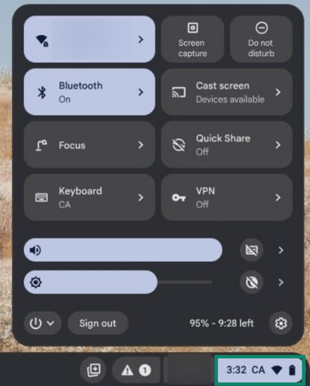 The Time and Wi-Fi section of the Chromebook status bar highlighted.