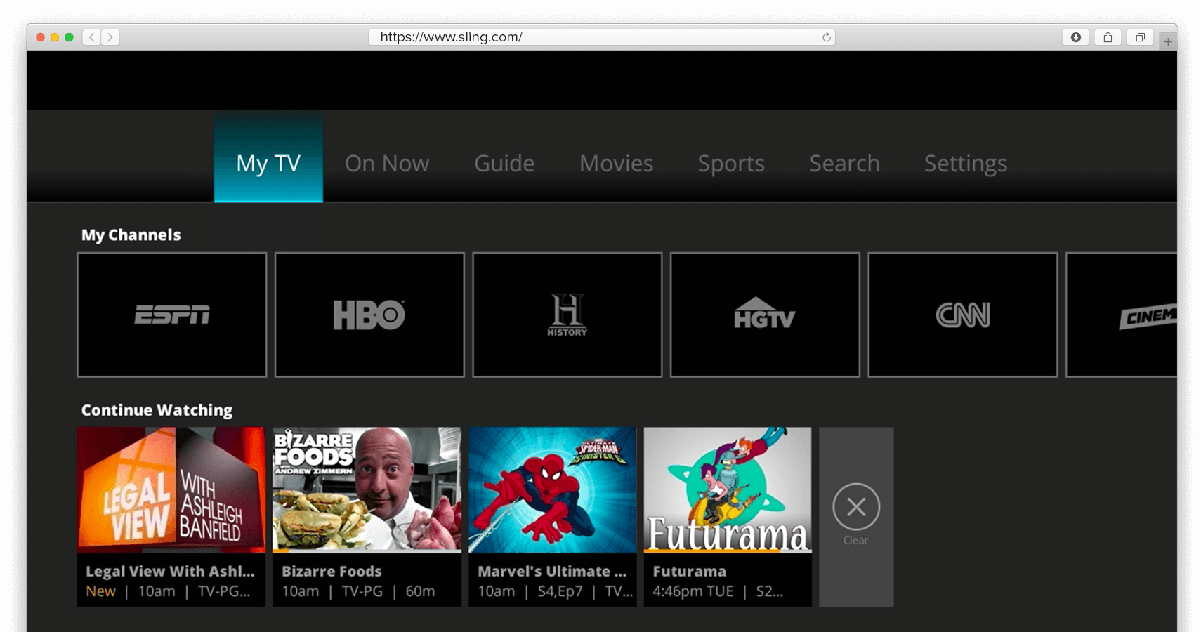 Zrzut ekranu strony głównej Sling TV.