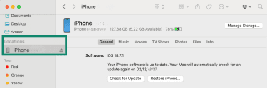 Mac Finder app with iPhone section on the left-hand menu highlighted.